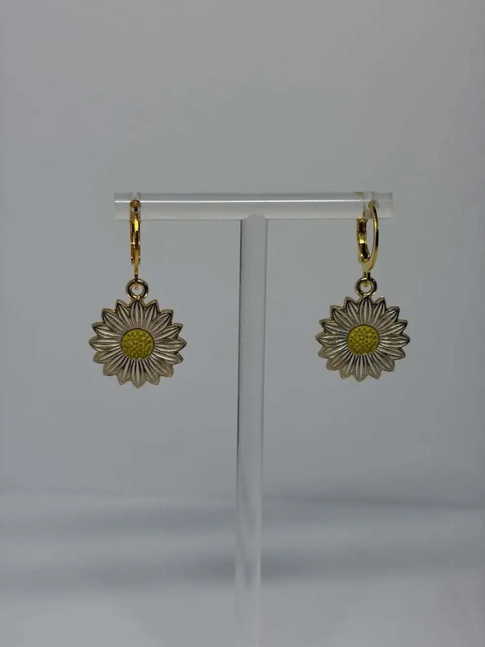 Stainless Steel Gold-Tone Enamel Sunflower Daisy Huggie Drop Earrings